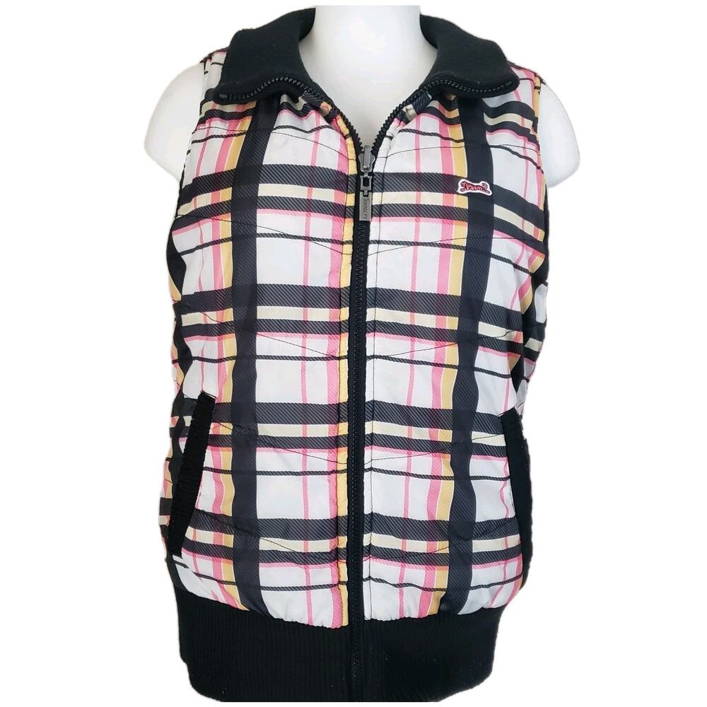 VTG Le Tigre Womens Reversible Puffer Vest Sz L Pink‎ Plaid To Black. Nice. Y2K